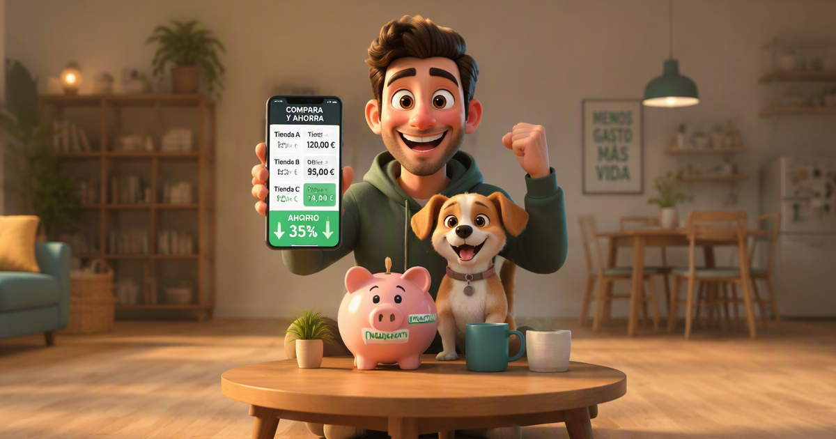 Calculadora y hucha con forma de perro mostrando como ahorrar en seguro RC perro España 2026: comparador precios desde 25 euros al año