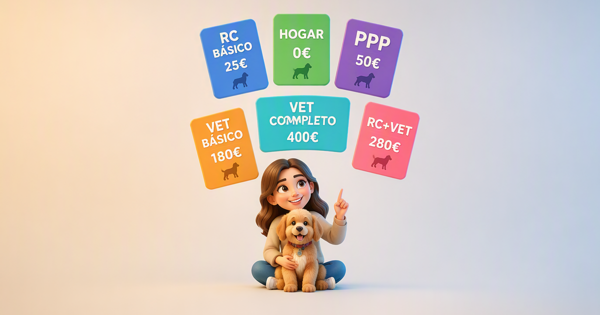 Comparativa precios seguros perros España 2026: tabla RC básico 25 euros, veterinario 180-400 euros, PPP 50-80 euros, seguro del hogar 0 euros