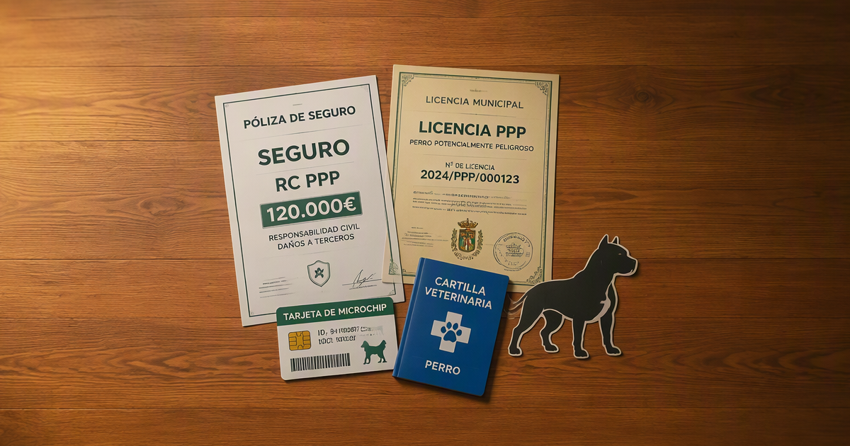 Documentos seguro perro PPP España 2026: póliza RC 120000 euros, licencia PPP, microchip, cartilla veterinaria y permiso municipal