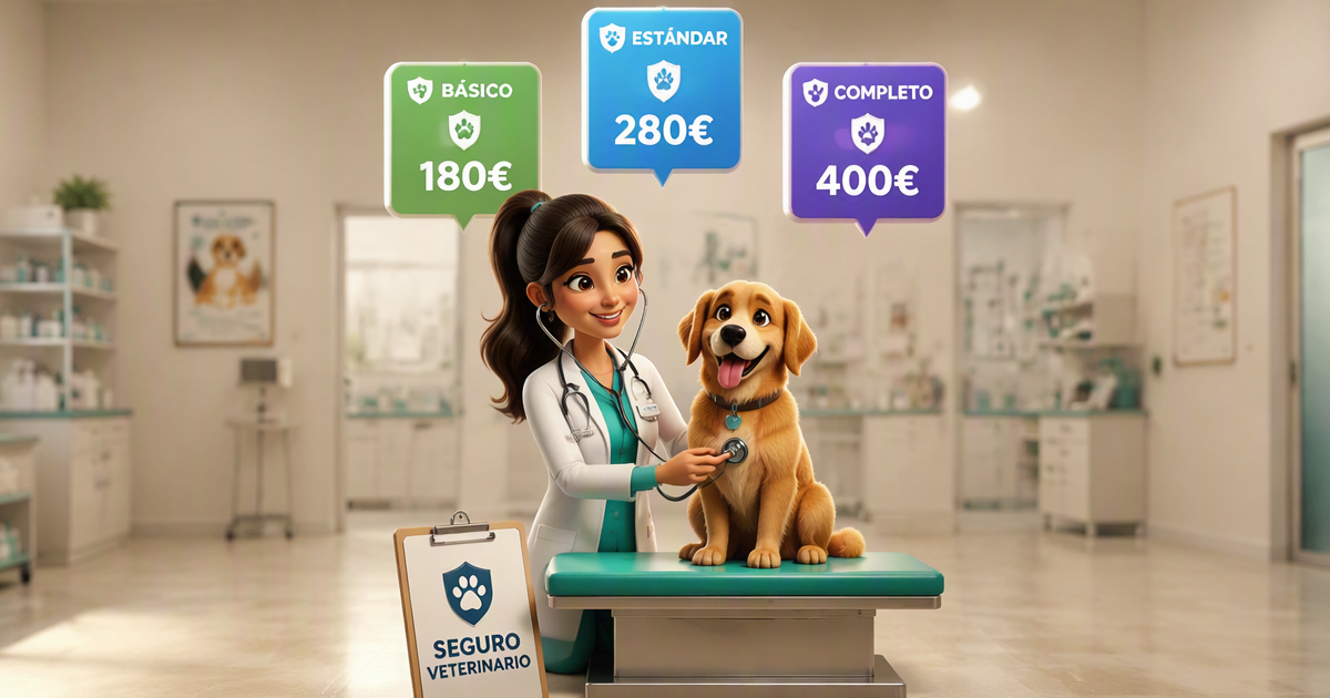 Veterinaria española revisando perro con seguro veterinario: planes básico 180 euros, estándar 280 euros y completo 400 euros al año