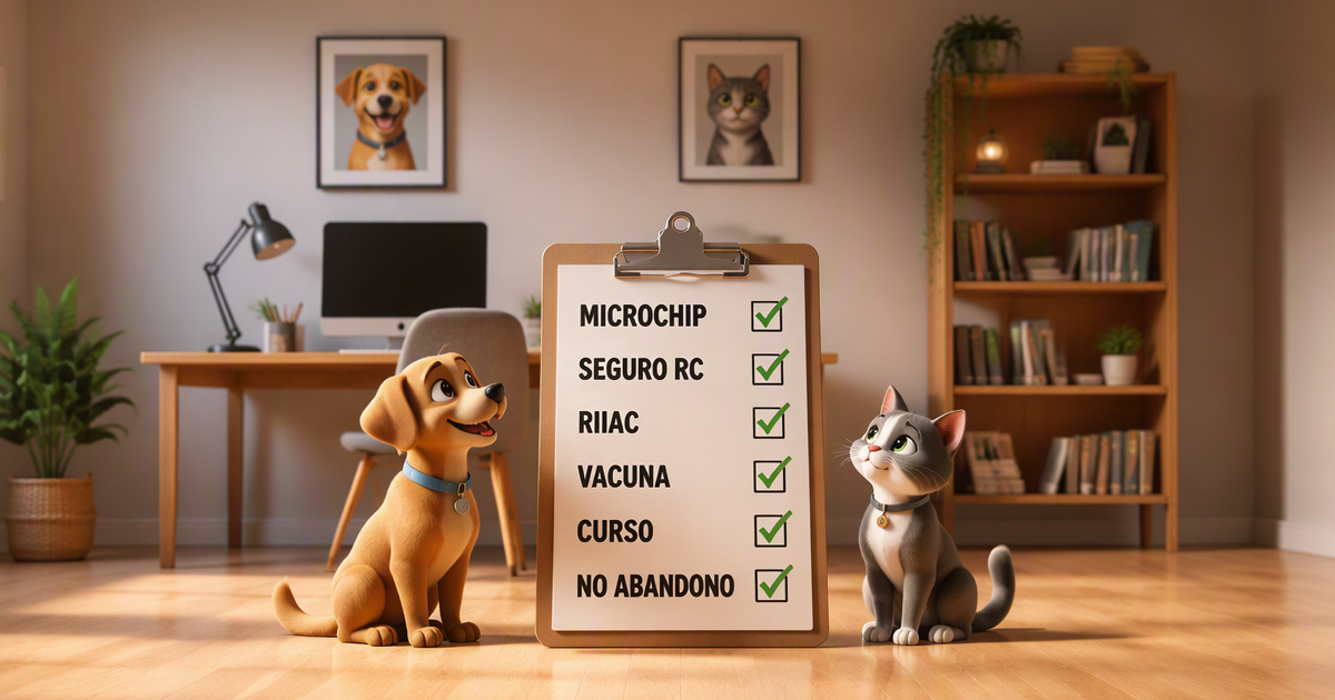 Checklist obligaciones Ley 7/2023 bienestar animal: seguro RC, microchip, registro RIIAC, vacunación y curso tenencia responsable perros gatos España 2026