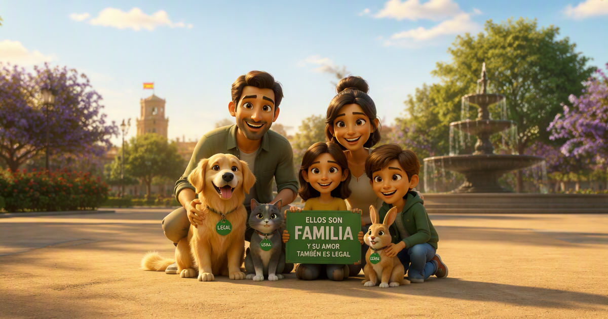 Familia feliz con mascotas legales — perro gato y conejo en España 2026 adopción responsable
