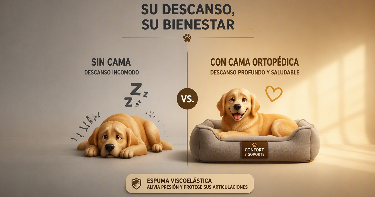 Beneficios cama ortopédica perro grande España 2026 — antes después displasia artritis bienestar Ley 7/2023