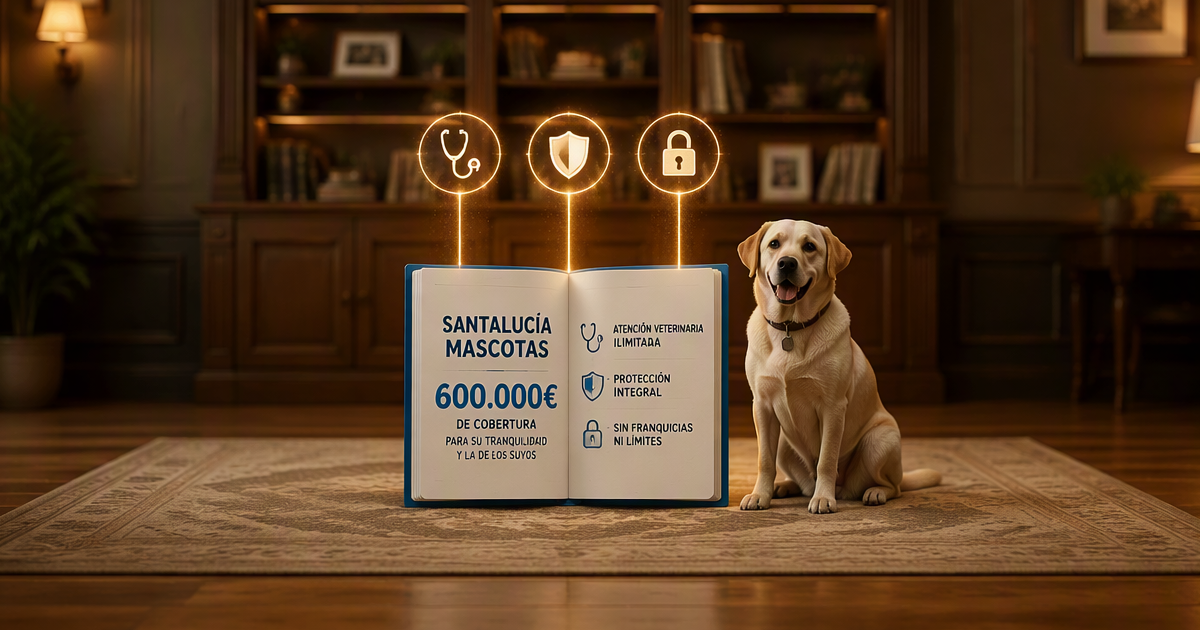 Santalucía Mascotas póliza premium: cobertura veterinaria 3.000€, RC 600.000€ y protección por robo o extravío del perro