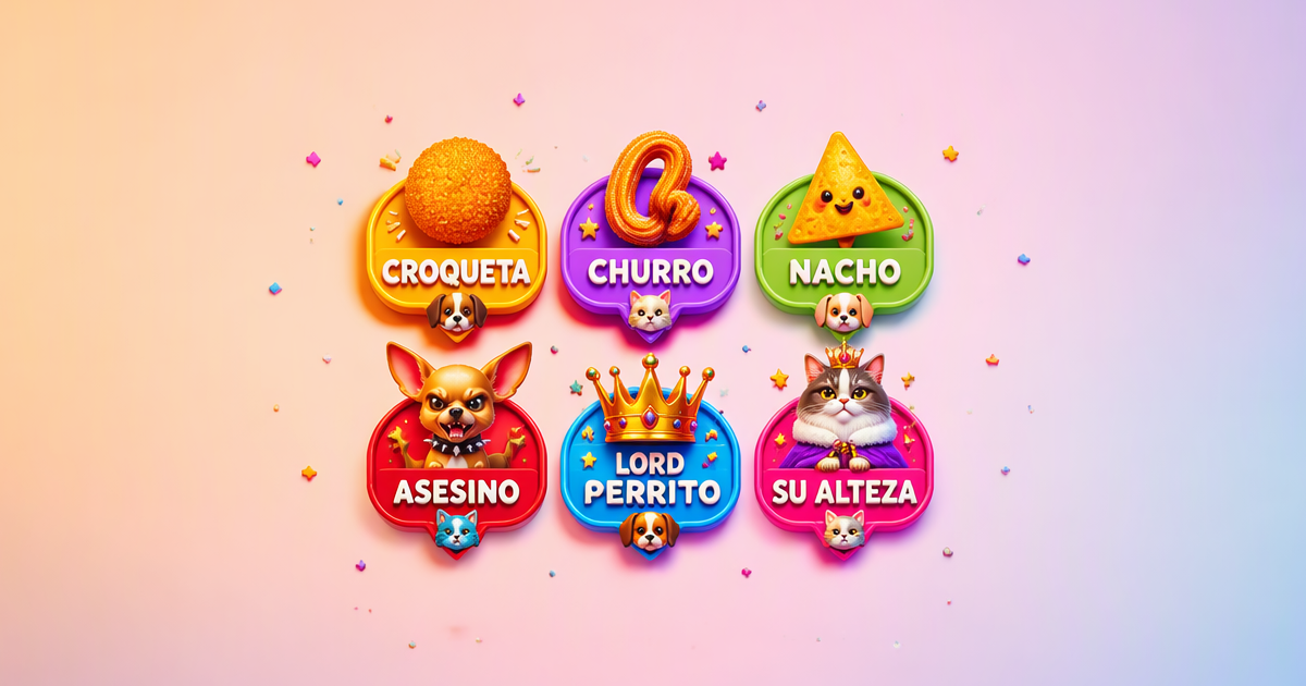 Colección 100 nombres graciosos para mascotas España 2026 — Bark Obama Harry Pawter Meow Zedong Croqueta Churro Nacho Waffle Lord Perrito Su Alteza Asesino Chihuahua Julius Catnip