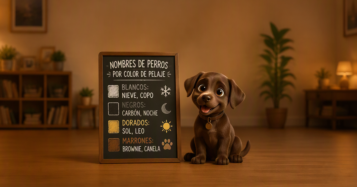 Tips elegir nombre color perro España 2026 — Brownie Canela Labrador Chocolate, práctico, visualmente identificable, fácil de pronunciar, 2 sílabas, popularidad