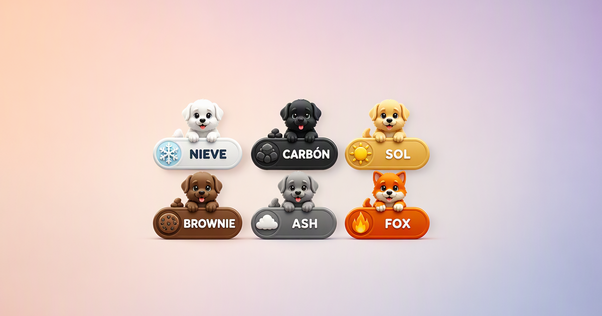 Colección 100 nombres para perros según color de pelaje España 2026 — blancos Nieve Copo Polar, negros Carbón Noche Nox, dorados Leo Sol Miel, marrones Brownie Canela, grises Ash Smokey, rojizos Fox Rusty