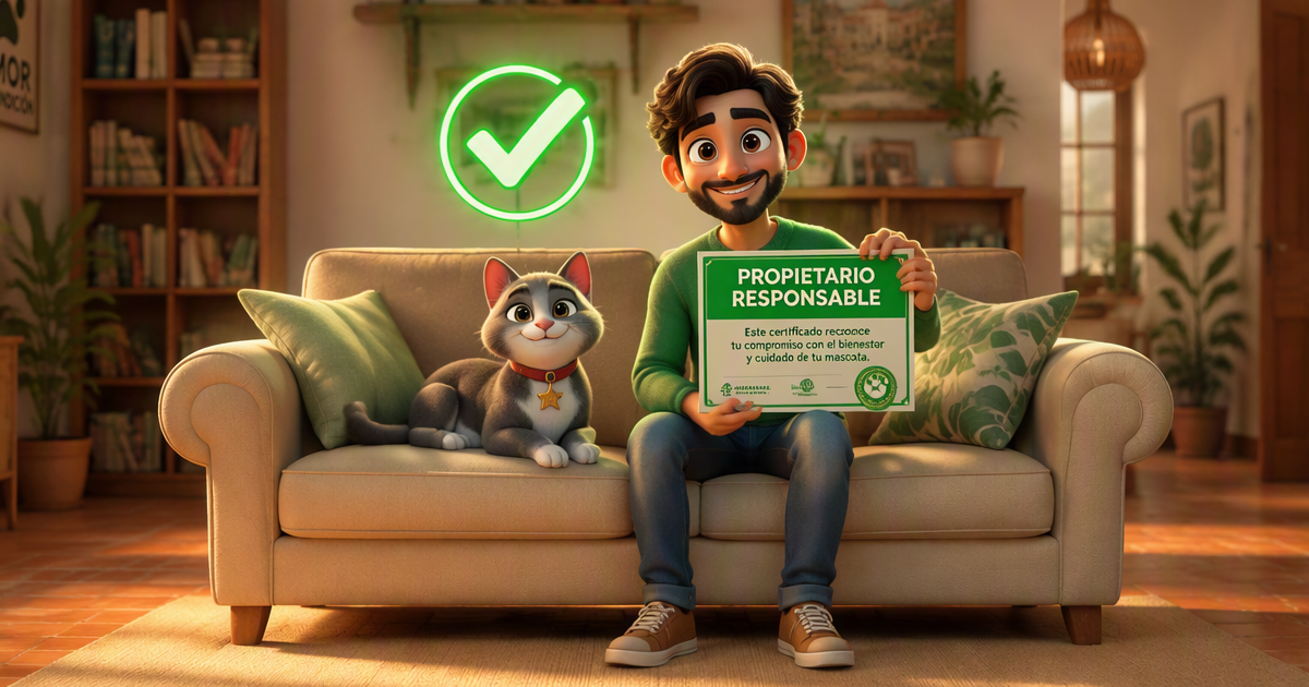 Gato esterilizado y microchipado feliz en casa España 2026 — dueño responsable Ley 7/2023