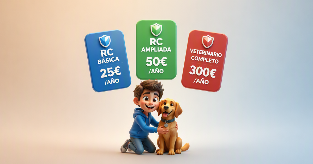 Infografía comparativa de precios de seguros para perros: RC Básica 25€, RC Ampliada 50€ y Seguro Veterinario Completo 300€ al año