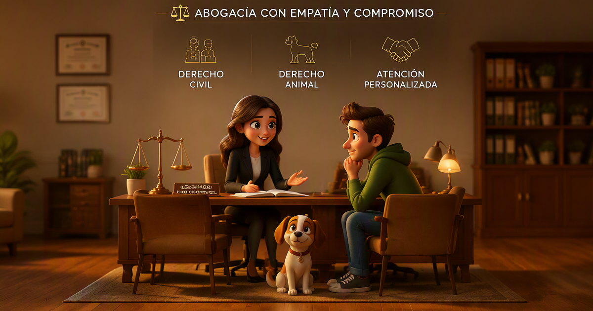 Ilustración de defensa jurídica para propietarios de perros: abogado y balanza de la justicia
