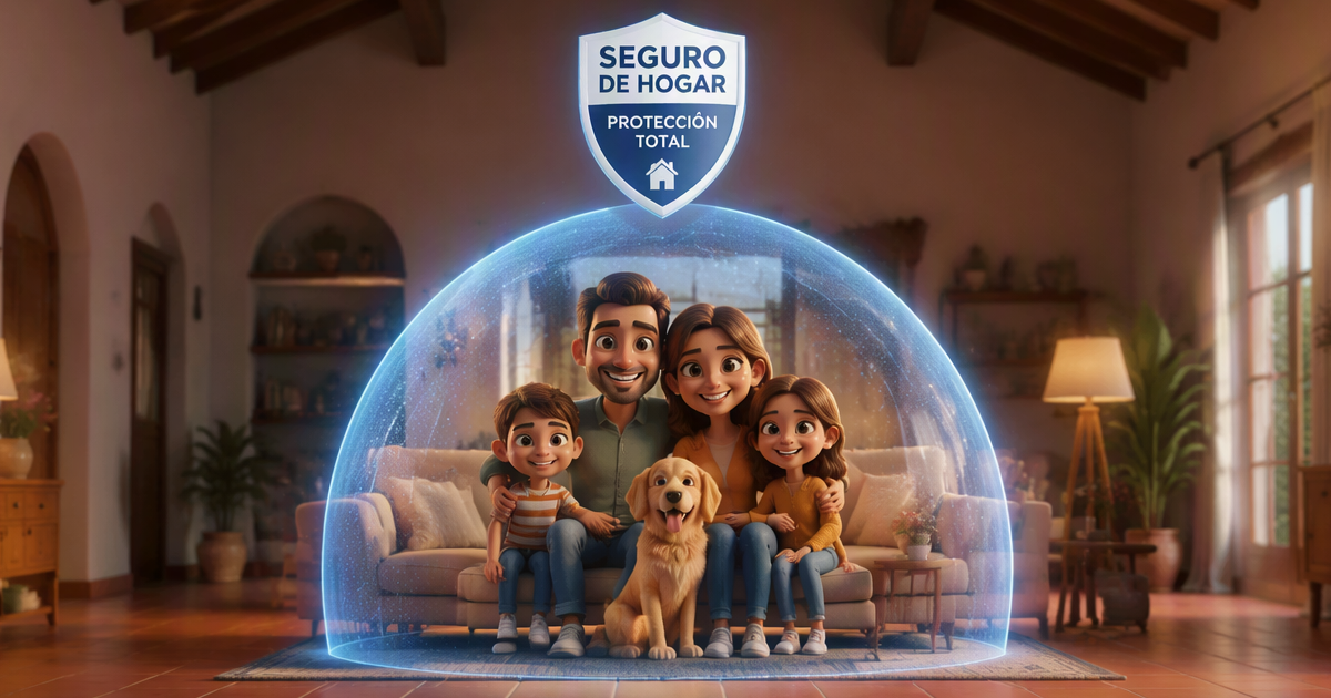 Familia feliz en casa con perro, protegidos por un seguro de hogar con cobertura de responsabilidad civil