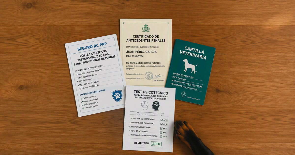 Documentación completa para solicitar licencia PPP: seguro RC, certificado antecedentes penales, cartilla veterinaria y test psicotécnico