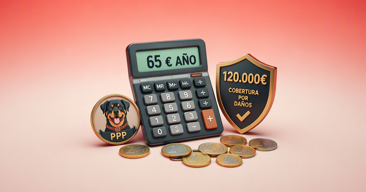 Calculadora mostrando precio anual seguro PPP perro España 2026: comparativa entre aseguradoras para Rottweiler y Pit Bull