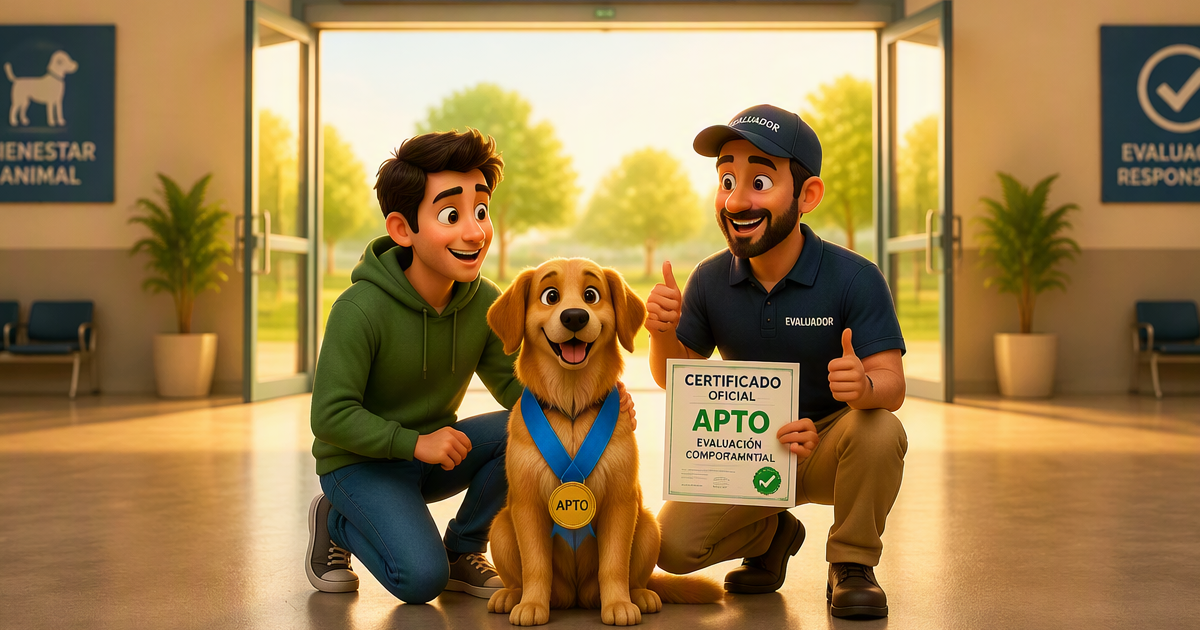 Perro superando test sociabilidad — certificado de comportamiento aprobado Ley 7/2023 España